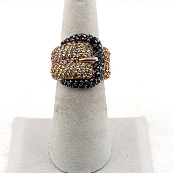 Estate Sterling Silver 925 Buckle Ring Black White CZ Two-Tone Size 6 Vintage - Picture 1 of 8